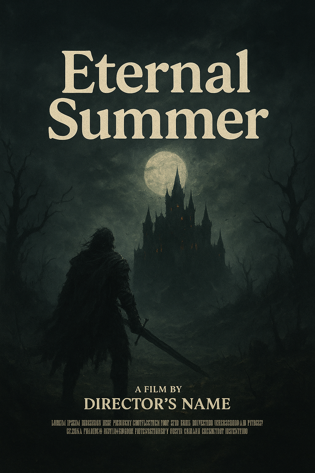 Movie poster of Eternal Summer where a knight is standing in the distance before a huge castle and the moon in the dark night sky